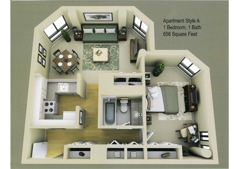 A 1 bedroom, 1 bath apartment is 656 square feet.